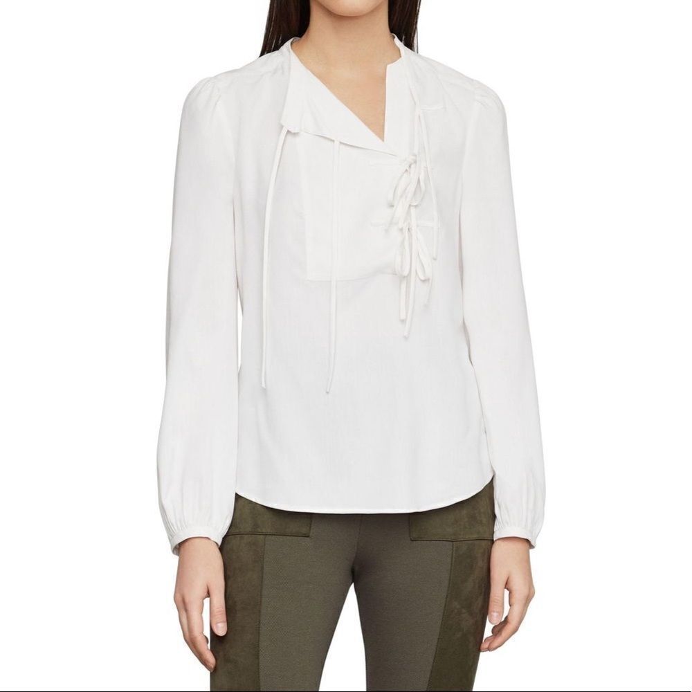BCBGMAXAZRIA Silk Tie Front Long Sleeve Satin Blouse White New Size Small